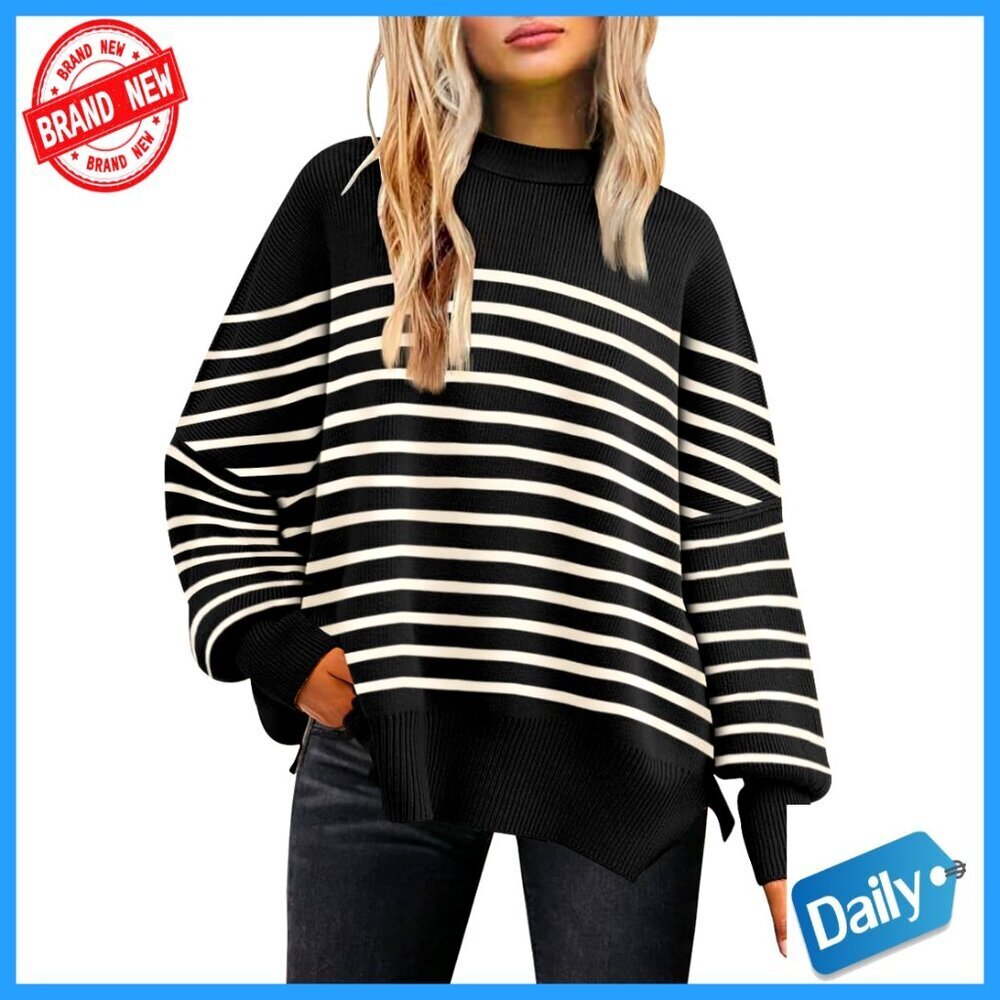Oversized Batwing Sweater Pullover Long Sleeve Crewneck Side Slit Knit Top